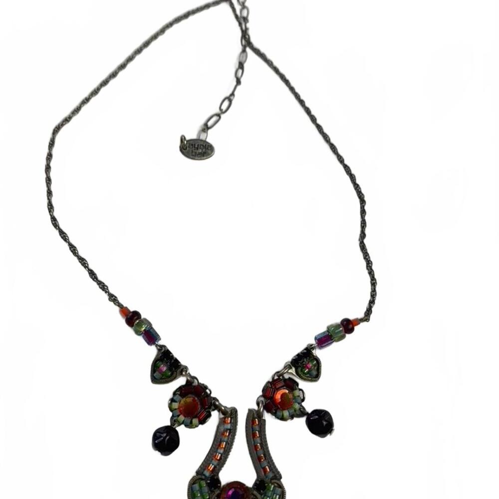 Ayala Bar Silvertone Multi-Color Glass Abstract Harp Necklace - Picture 4 of 4